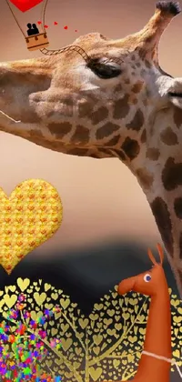 This lively phone wallpaper features an endearing image of two giraffes amidst a whimsical sky