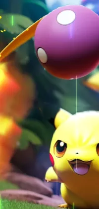 This live phone wallpaper showcases a digital rendering of a popular Pokemon character, Pikachu, playing with a ball