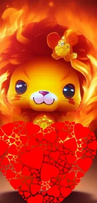 This stunning phone live wallpaper features a beautiful lion holding a glowing heart, set against a background of swirling flames