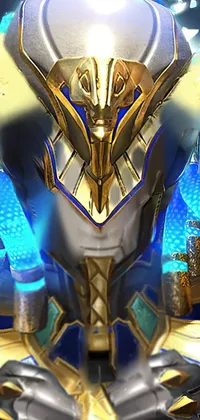 This phone wallpaper features a stunning blue and gold robot sitting on a modern table, with intricate and detailed 4k designs