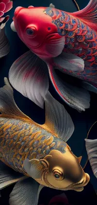This phone live wallpaper showcases a stunning photorealistic painting of fish on a plate in traditional Oriental art style