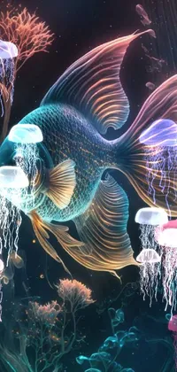 This live phone wallpaper portrays a mesmerizing 3D rendering of a fish in a digital underwater world