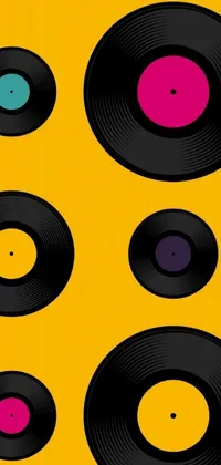 This live smartphone wallpaper showcases a patterned pop-art design featuring a variety of colorful records arranged on a sunny yellow background