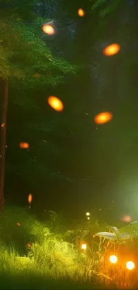 This phone live wallpaper features a group of fireflies flying over a lush green forest at night