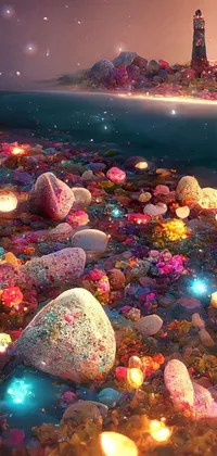 This phone live wallpaper features a stunning beach scene with perfectly arranged rocks and animated ocean waves in the back