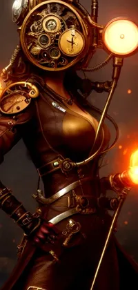 This phone live wallpaper displays an impressive steam suit featuring a woman holding a clock and dressed in fire