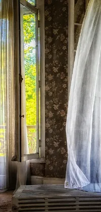This phone live wallpaper showcases a cozy room with large windows and curtains that sway gently