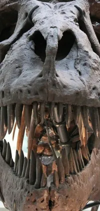 This phone live wallpaper showcases a close-up of a prehistoric dinosaur skull in museum exhibition