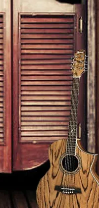 This live wallpaper features a stunning guitar resting on a wooden floor, complete with a tropical shutters background