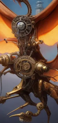 This phone live wallpaper features a stunning close-up view of a ferocious dragon with a clock on its back, set against a background of steampunk airships