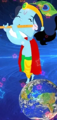 Get ready to experience a fun and vibrant phone live wallpaper with a cartoon character happily playing an instrument on top of a stunningly designed 4kHD globe