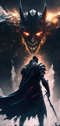 This dynamic phone live wallpaper showcases a man standing bravely in front of a demonic demon in a dark and dramatic fantasy art style