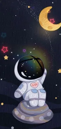 The phone live wallpaper showcases a vector art of an astronaut hovering in space with the moon in the background