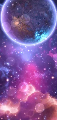 This phone live wallpaper features a stunning digital art image of a planet against a cosmic purple space background