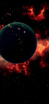 This space-themed live wallpaper features an eye-catching digital rendering of an exploding red planetoid suspended in a mysterious nebula