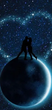 This stunning live phone wallpaper showcases a romantic and fantastical scene of a couple locked in passionate embrace on a distant planet