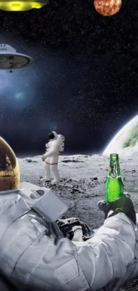 This lively phone wallpaper features an astronaut relaxing on the moon with a cold beer