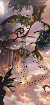 This live phone wallpaper shows a fairy flying through the sky among musical notes and a serene backdrop