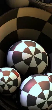 Looking for a unique and trippy live wallpaper for your phone? Check out this mesmerizing design featuring a bowl filled with bouncing and swirling eggs, set against a checkered background and psychedelic fractals
