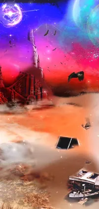 This live wallpaper features a spaceship resting on a pile of dirt against a surreal space background