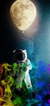 This live wallpaper for your phone features a floating astronaut in front of a colorful full moon