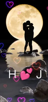 This live phone wallpaper is a romantic, digital rendering of a couple kissing in front of a full moon