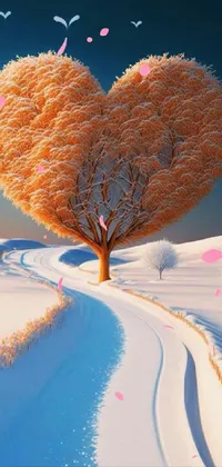 Elevate your phone's home screen with a breathtaking live wallpaper of a heart-shaped tree against a snowy backdrop