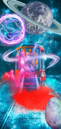 Looking for a mind-blowing phone live wallpaper? Look no further than this retrofuturistic masterpiece! Featuring a mysterious figure holding an umbrella, alongside a trolley, this digital artwork is filled with eye-catching details