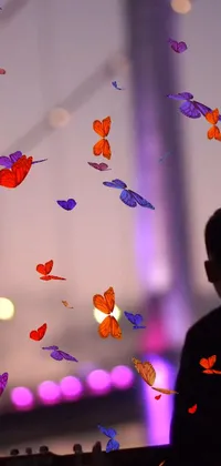 This dynamic phone live wallpaper features a stunning image of a man standing before a window covered in fluttering butterflies