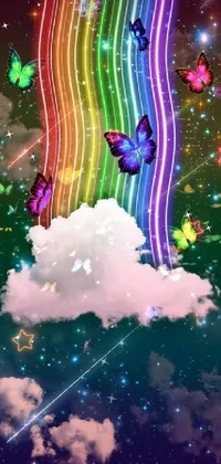 This phone live wallpaper features a stunning rainbow cloud, surrounded by fluttering butterflies and a digital rendering