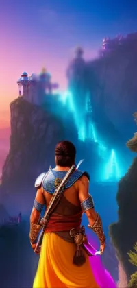 Enter a world of fantasy and adventure with this stunning live wallpaper for your phone! Featuring a fierce warrior and a towering castle set against a backdrop of glowing colors and cybertronic Hindu temple architecture, this is the perfect choice for fans of high fantasy and epic adventure
