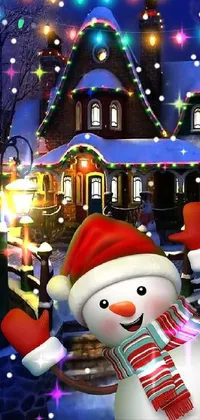 Enjoy the holiday season with a stunning snowman live wallpaper on your phone! This digital rendering features a charming snowman standing in front of a house adorned with Christmas lights
