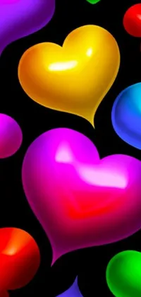 This lively phone wallpaper features an array of colorful hearts against a black background, reminiscent of the popular Lisa Frank style