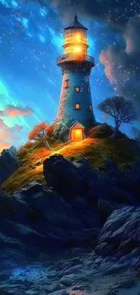 This exquisite live wallpaper features a picturesque lighthouse rising from a rocky outcrop set against a serene ocean backdrop