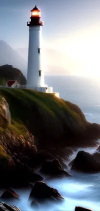 This stunning live wallpaper features a picturesque lighthouse on a cliff beside the ocean captured in tilt shift style photography