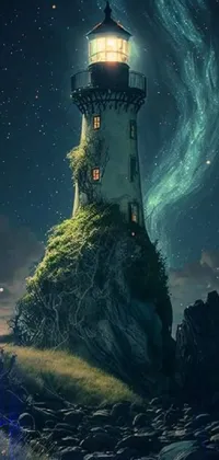 This gorgeous phone live wallpaper features a stunning lighthouse on a rocky outcropping by the water's edge