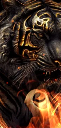 This phone live wallpaper showcases a tiger in close-up on a black background