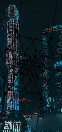 This futuristic live wallpaper depicts a group of people walking down a busy city street at night amid the breathtaking cyberpunk art