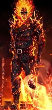 This phone live wallpaper showcases a powerful motorcycle next to a man, enveloped in a shroud of flames