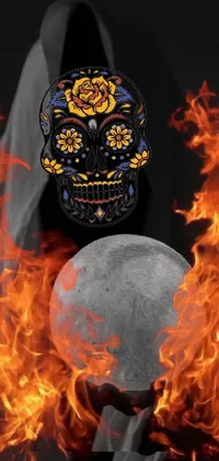 This live phone wallpaper showcases a skeleton holding a soccer ball, surrounded by a vanitas themed album cover
