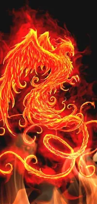 Get your phone live wallpaper now and bring your device to life! This visually stunning wallpaper features a highly detailed fire bird and serpent design on a black background, taken from the popular website DeviantArt