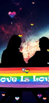 The Love is Love live wallpaper features a cosmic background with a wooden bench that reads the famous message "Love is Love"