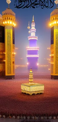 This breathtaking live wallpaper features a detailed matte painting of a majestic mosque illuminated by golden lights at nighttime