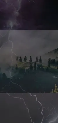 Revamp your phone screen with this striking live wallpaper featuring lightning in the sky and digital artwork against a backdrop of a grey forest and mountainside