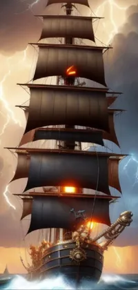 This phone live wallpaper features an image of a ship in the ocean with a lightning storm and skeletons on board