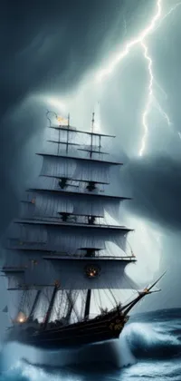 This stunning live phone wallpaper features a majestic tall ship amidst a raging storm