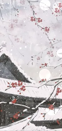 This live wallpaper features a digital painting of a house in the snow that is inspired by ancient Chinese aesthetic