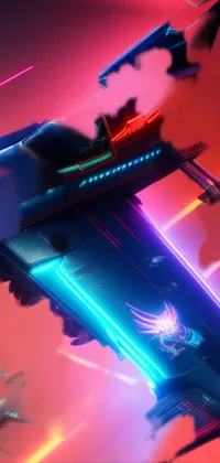 This Live Wallpaper features a stunning valkyrie fighter jet soaring through a vibrant red and blue neon-lit cityscape in a Retrofuturistic Cyberpunk art style