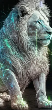 This phone live wallpaper showcases striking digital art of a white lion surrounded by an electric aura with particles