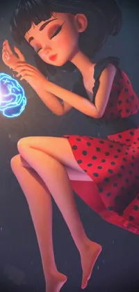 This live wallpaper for your phone features a stunning digital art piece showcasing a woman in a red dress holding a mystical blue light